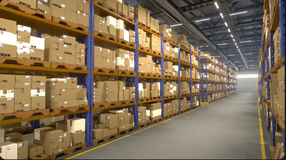 E commerce dark storagae with items packed and sorted in shelfs