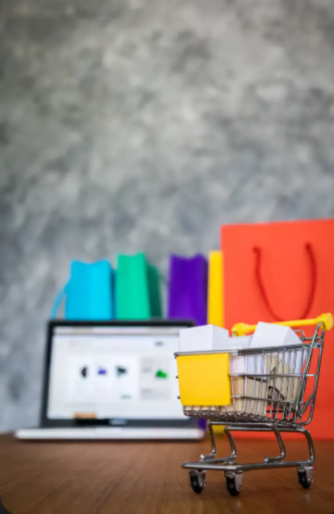 Modern e-commerce website interface showing online shopping cart and product listings